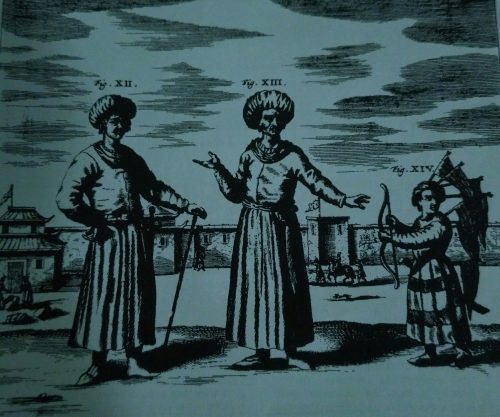 An image depicting the usual dress and 'a demonic boy named Phut.' Kircher explains how a boy would be given weapons and made to kill anyone he meets, bringing honour blessings to the families of those he kills.