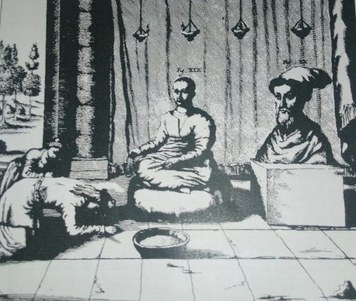 A drawing of the Dalai Lama on the left hand side.