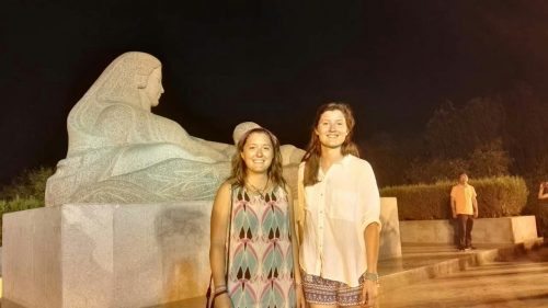 Samantha and Angelica with the statute of the Goddess Mother River
