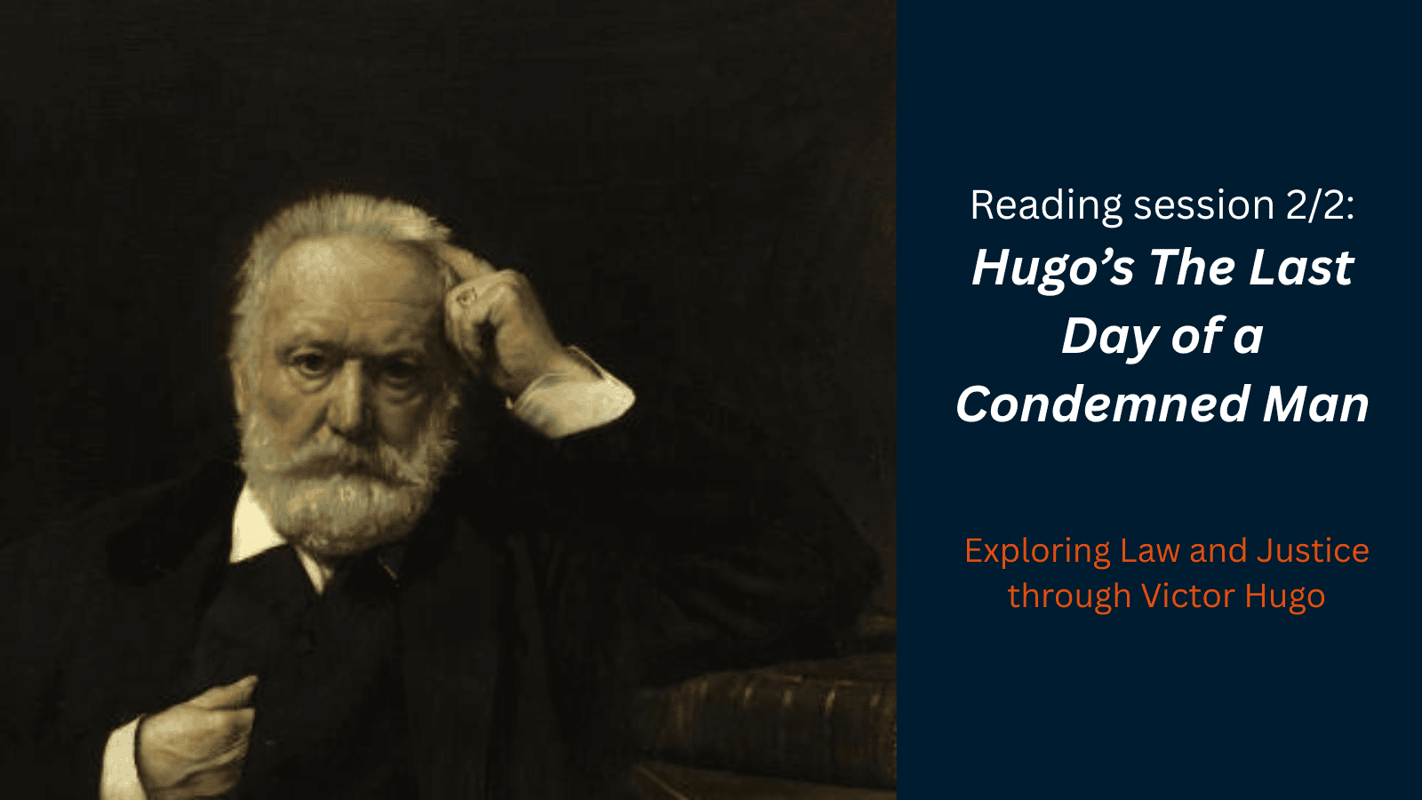 Victorian portrait of Victor Hugo with white beard and thoughtful expression, sitting in a dark setting.