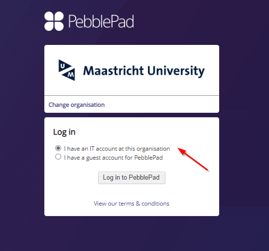 A log-in screen with Log in and the choice between: I have an IT account at this organization or I have a guest account for PebblePad. An arrow points to the first option.