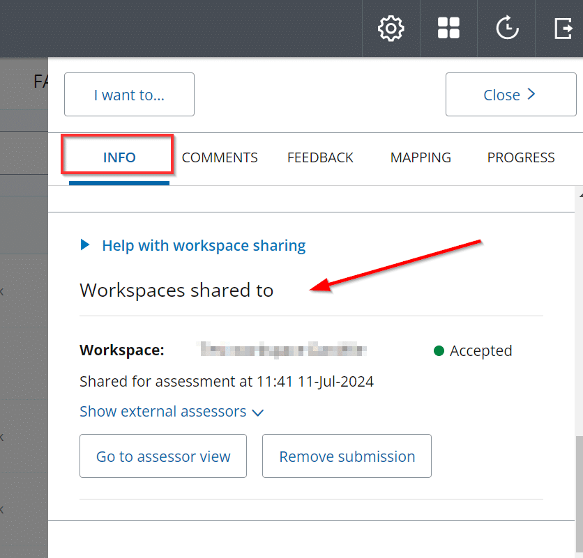 A printscreen of the info panel. There is a tab with INFO that has a red square around it. An arrow is pointing towards: Workspaces shared to