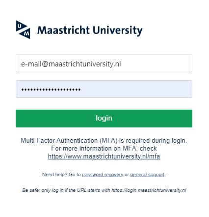 Inlogscherm Maastricht University met gebruikersnaam in het eerste veld en wachtwoord in het tweede veld.