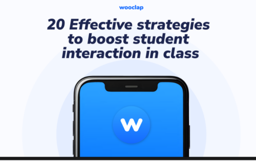 You see a cover of a brochure with a laptop and the wooclap logo in blue. There is a text above: 20 Effective strategies to boost student interaction in class