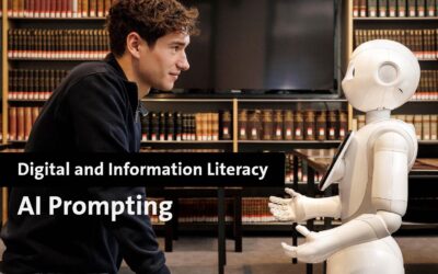 Young man and robot engaging in conversation at Maastricht University Library.