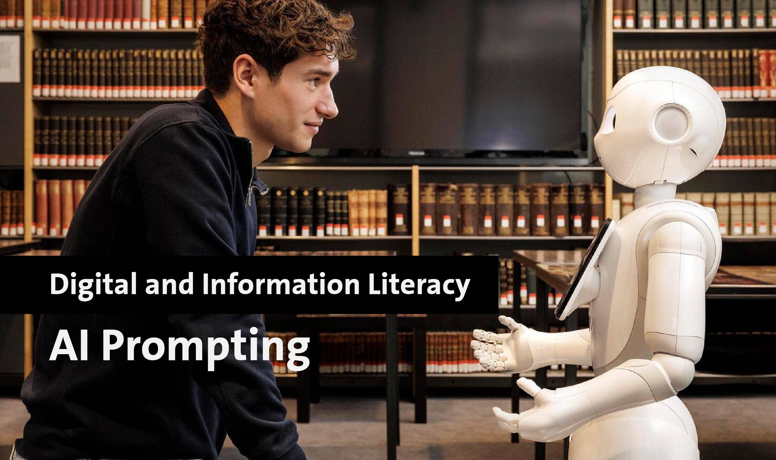 Young man and robot engaging in conversation at Maastricht University Library.