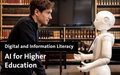 Young man and robot in library for AI in higher education.