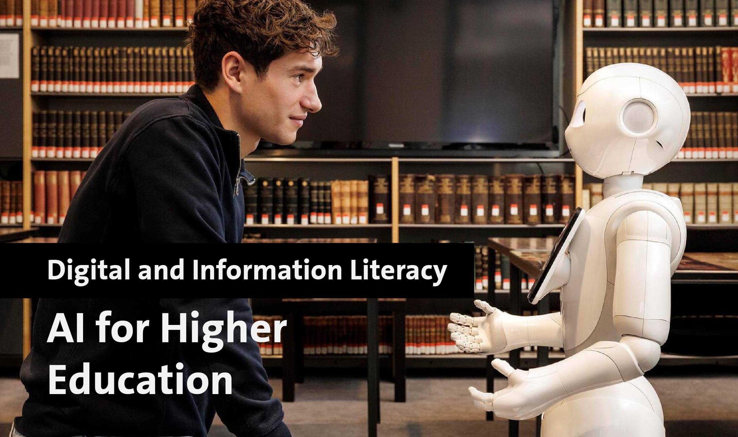 Young man and robot in library for AI in higher education.
