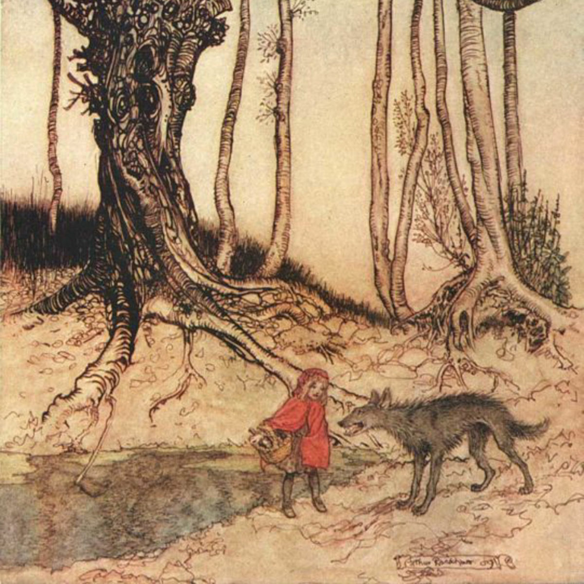 an illustration of red riding hood and wolf in a forrest