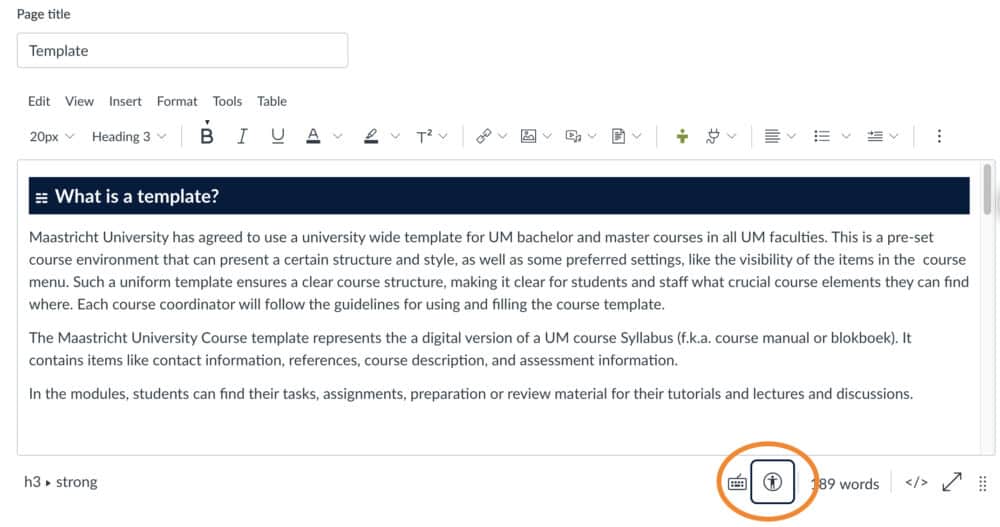 Printscreen of the rich editor on a Canvas page. An orange circle is placed around the Accessibility Checker icon that is placed below the editable box.