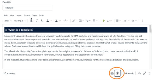 Printscreen of the rich editor on a Canvas page. An orange circle is placed around the Accessibility Checker icon that is placed below the editable box.