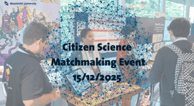 People visiting a booth and title of Citizen Science Matchmaking Event with date 15/12/2025