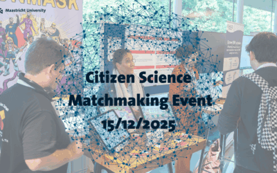 People visiting a booth and title of Citizen Science Matchmaking Event with date 15/12/2025