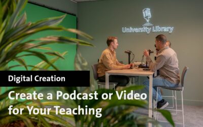Two men recording a podcast in Maastricht University Library studio.