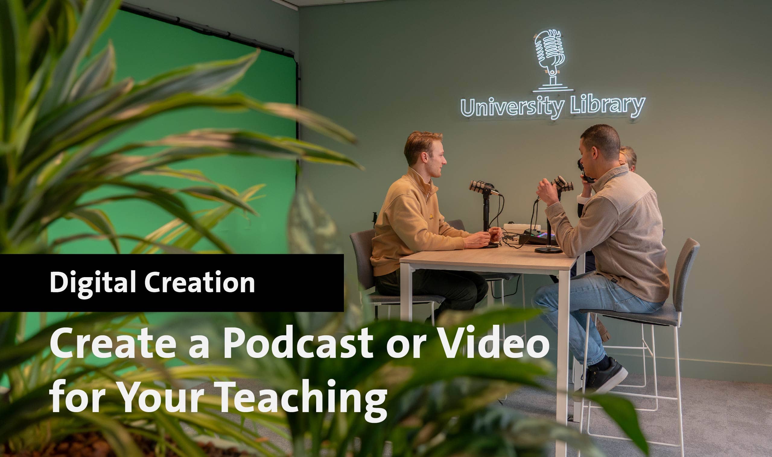 Two men recording a podcast in Maastricht University Library studio.
