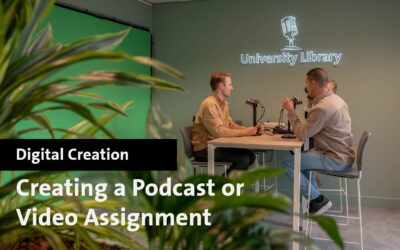 Two students recording a podcast in Maastricht University Library studio.