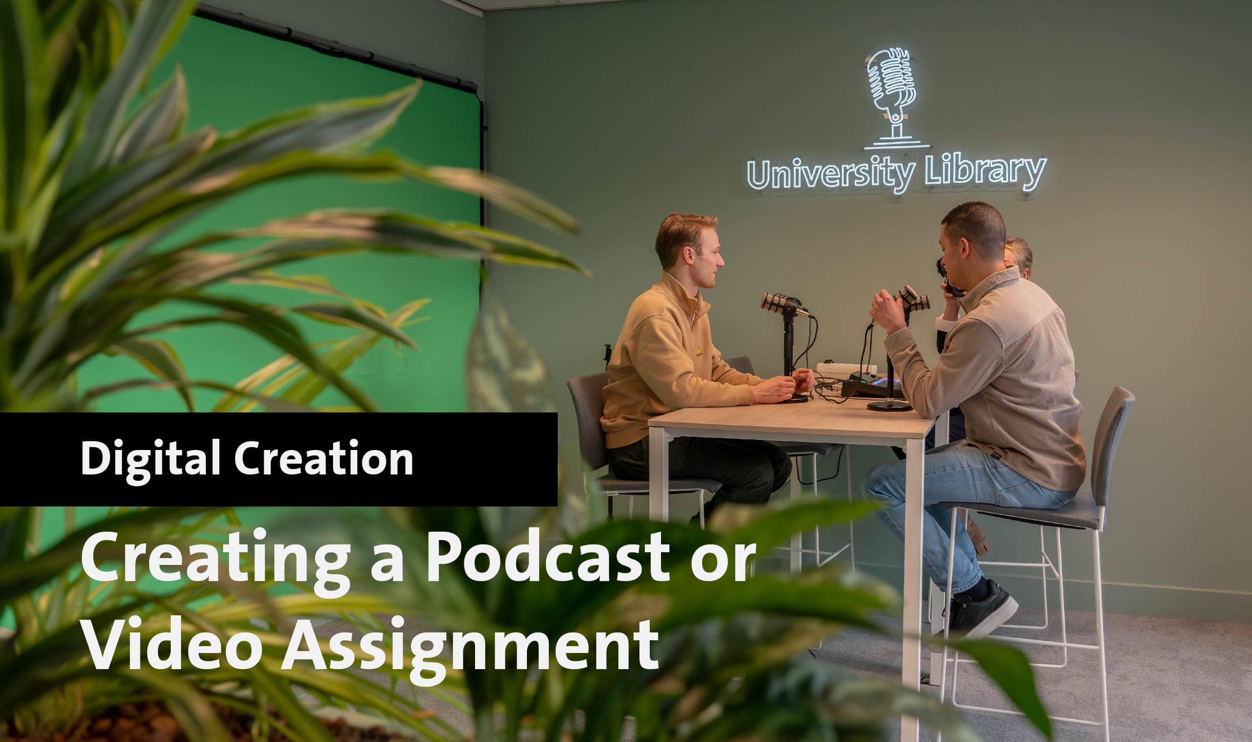 Two students recording a podcast in Maastricht University Library studio.