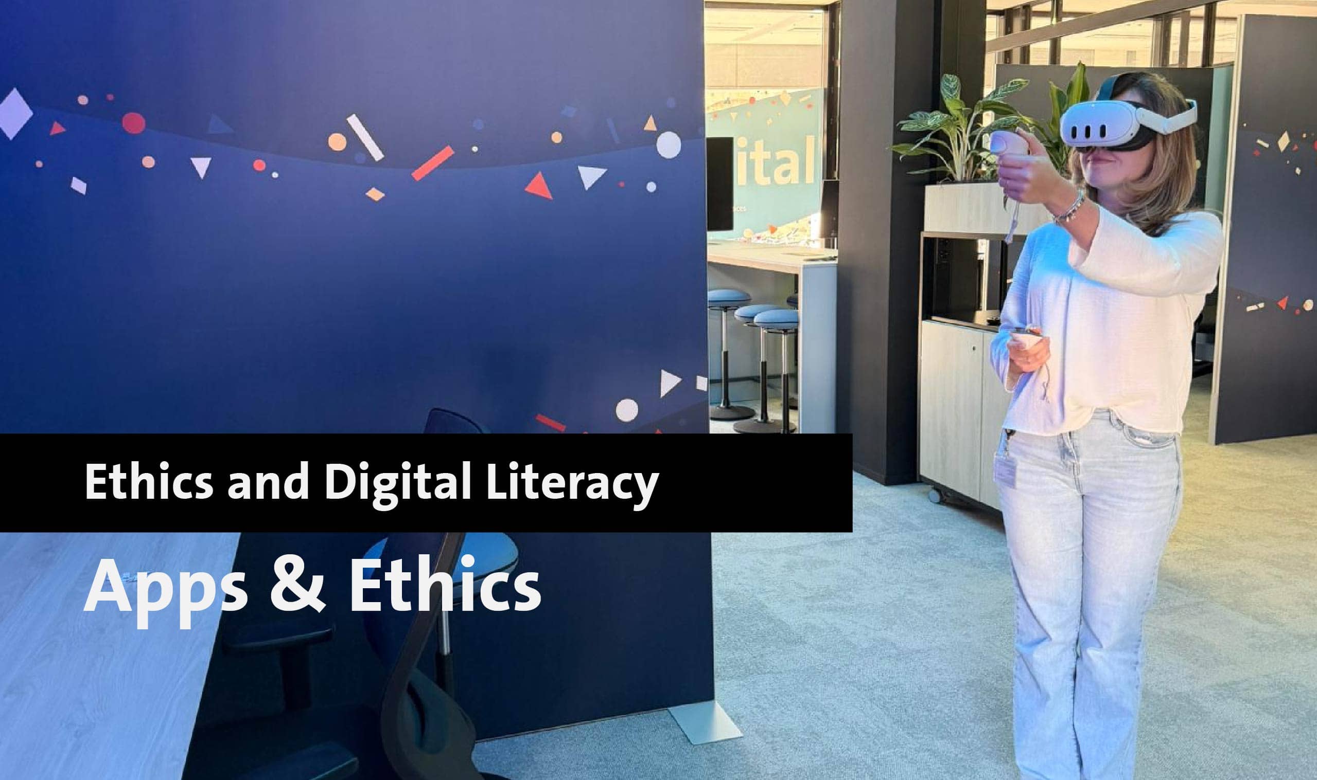 Student using VR headset at Maastricht University Library for Apps and Ethics.