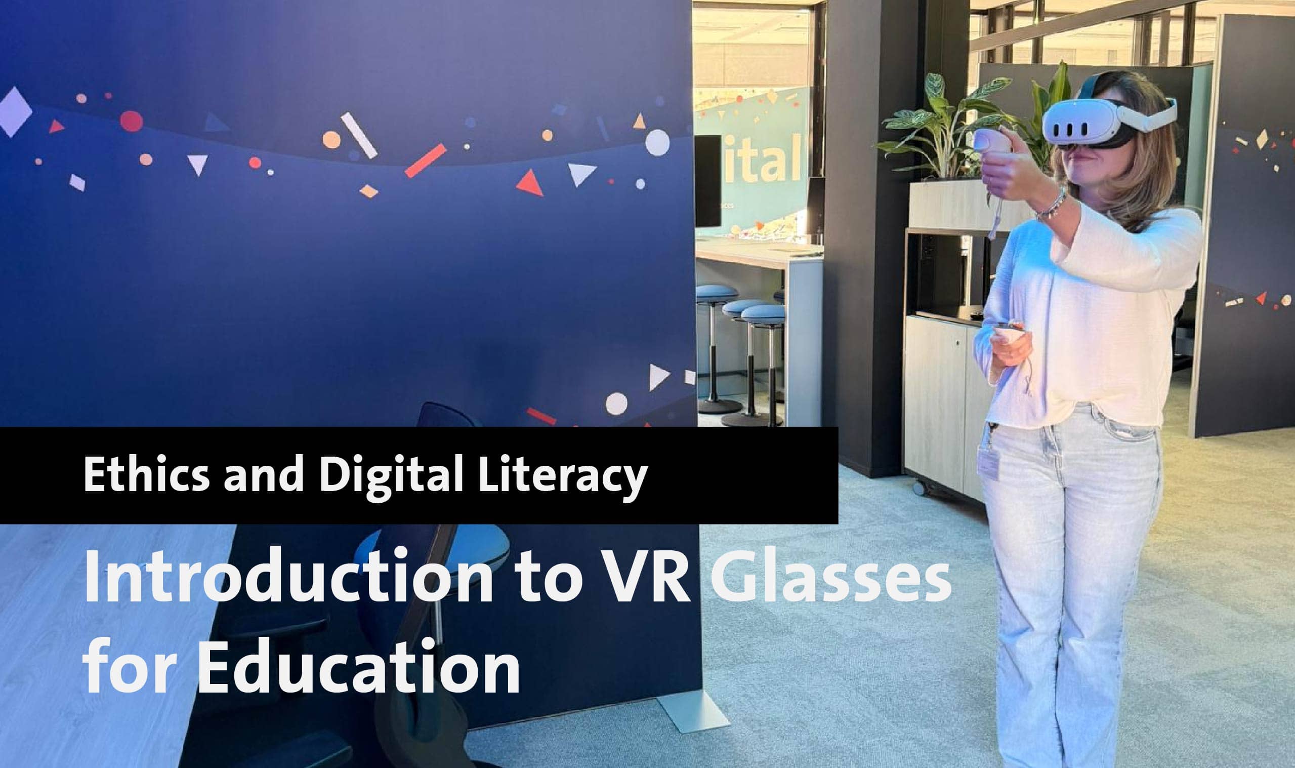 Person using VR glasses at Maastricht University Library for education.