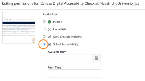 Printscreen of the file editing permissions in canvas. An orange circle is placed around Schedule availability. 