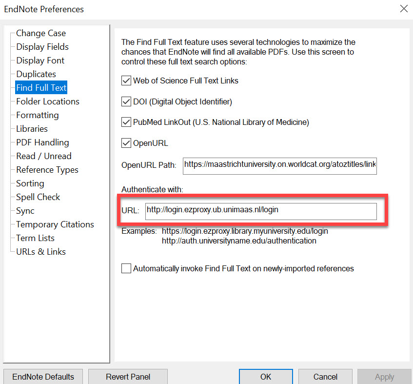 Endnote URLs settings