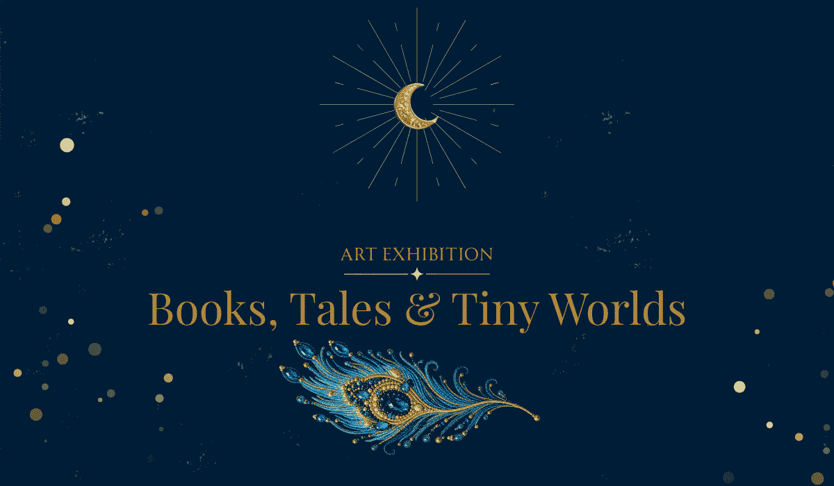 Artwork for 'Books, Tales & Tiny Worlds' art exhibition at Maastricht University Library.