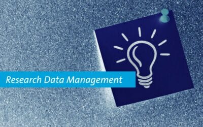 Research Data Management infographic on a textured blue background with a light bulb icon, emphasizing data organization and research support.