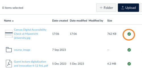 Printscreen of the File page in Canvas. You see a list of files and on the right of each file, you see a green icon with a check mark. An orange circle is placed around the green checkmark.