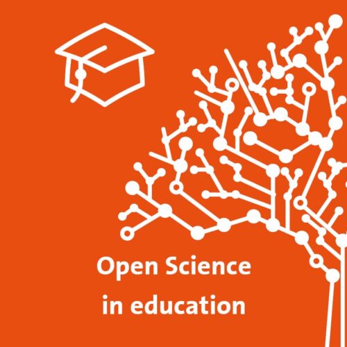 Logo of the left side of the open science tree and a trencher depicting open science in education