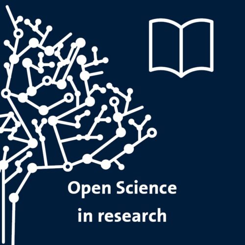 Logo of the right side of the open science tree and a book depicting open science in research