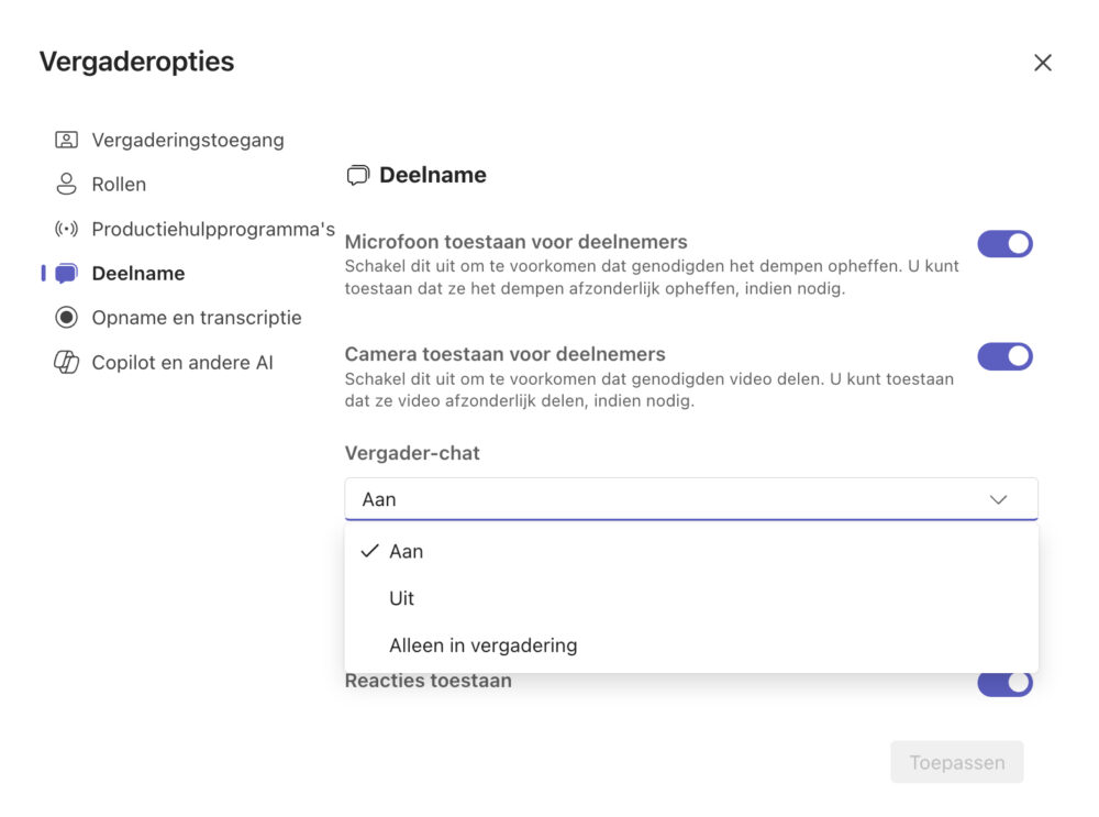 Printscreen of the meeting options. Participation is selected in the meeting option menu.