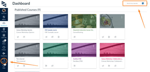 Printscreen of a dashboard in Canvas. An orange circle is placed around search in the left menu. A rectangle is placed around the search bar on top of the page.
