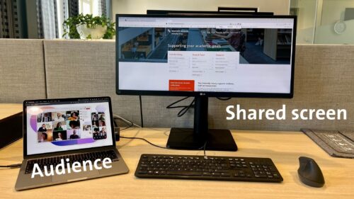 On the left there is a small laptop with the text audience. On the right there is a large screen with a keyboard  with the text 'shared screen'