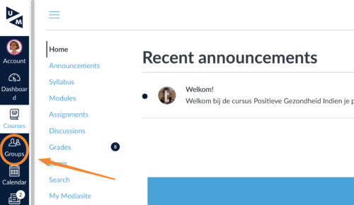 Printscreen of a course homepage in Canvas. An orange circle is placed around Groups in the left menu. An arrow is pointing towards the Groups menu item.