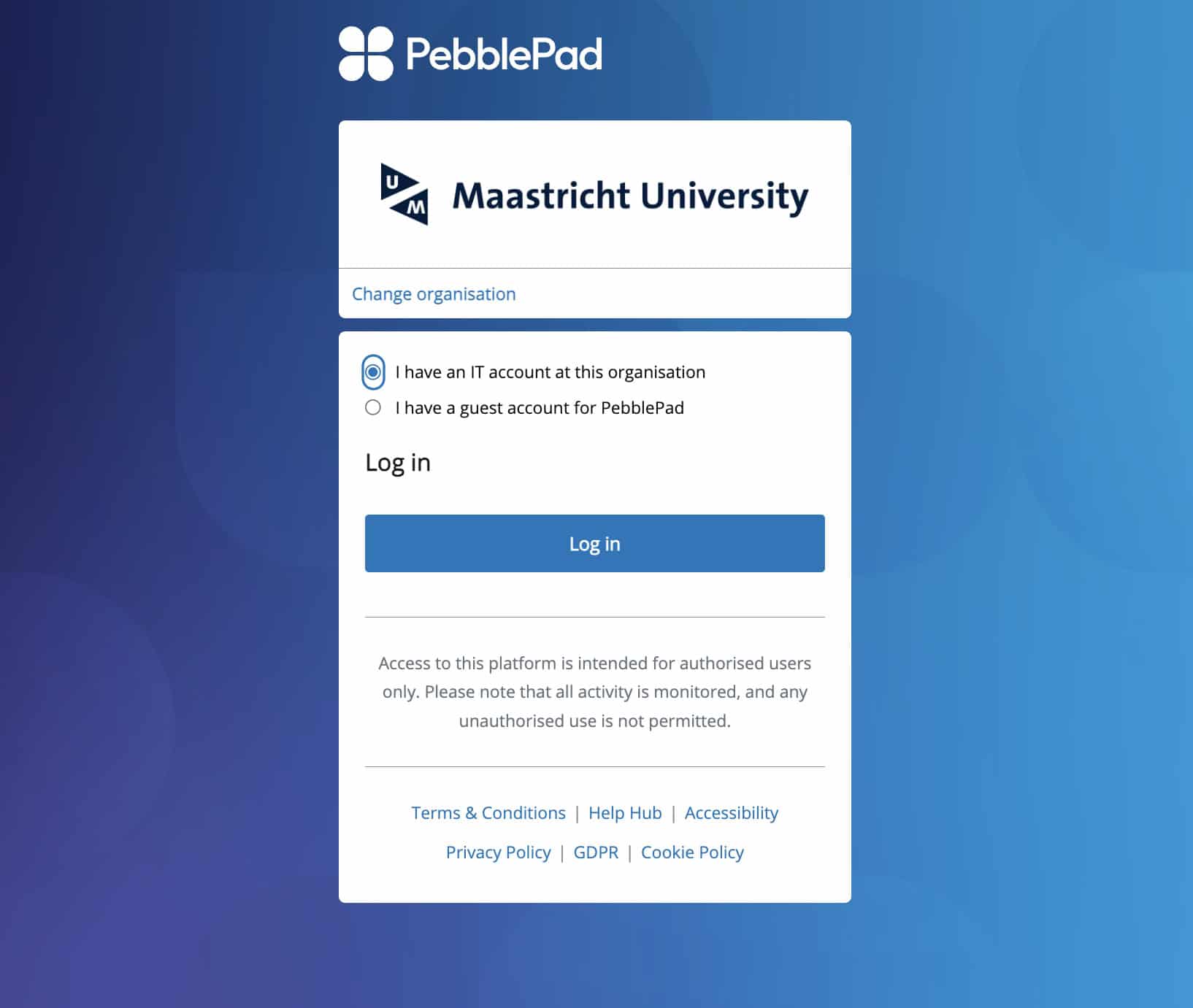 A log-in screen with Log in and the choice between: I have an IT account at this organization or I have a guest account for PebblePad. An arrow points to the first option.