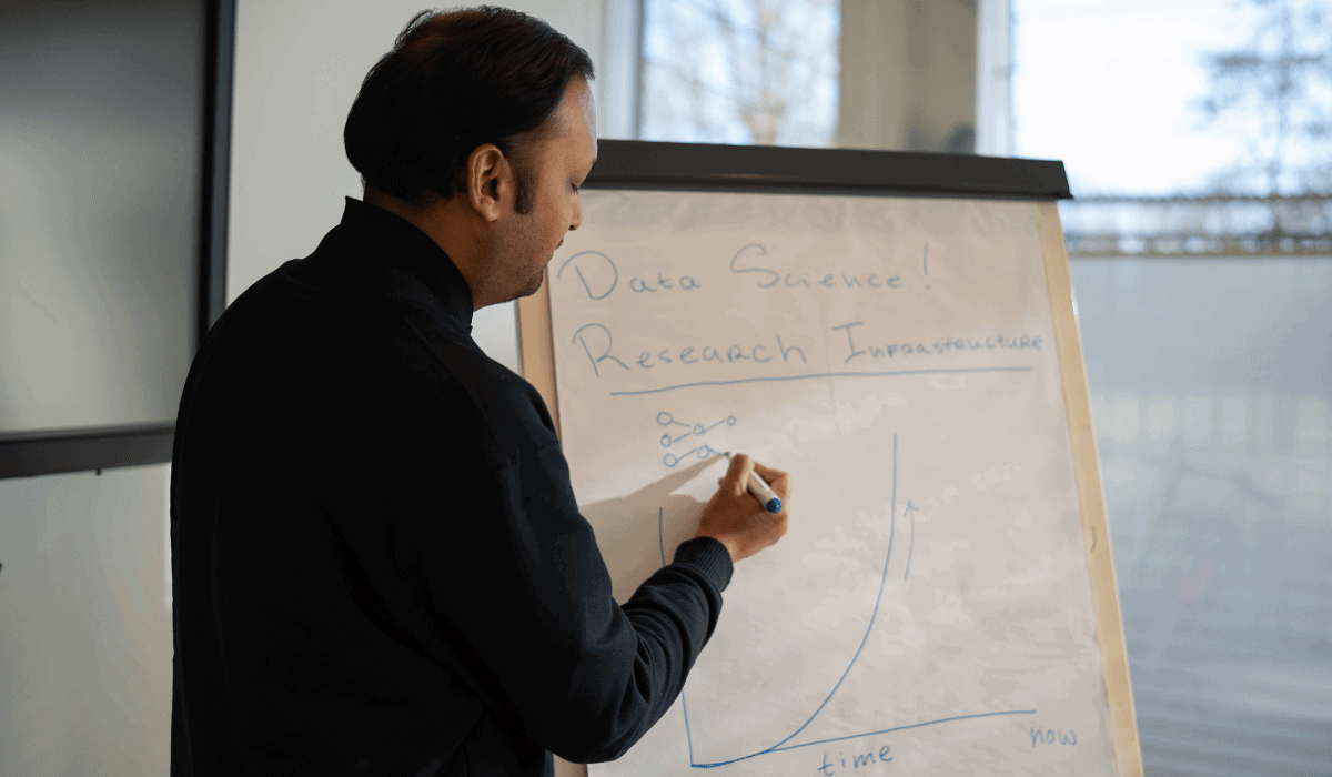 Person writing on flip board