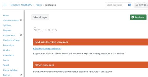 Printscreen of a Resources Page in Canvas. You see on top of this page the text: Keylinks Learning resources and a link with the text: KeyLinks-learning-resources