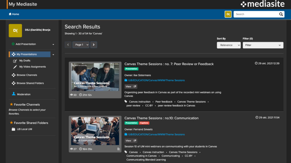An overview of the MyMediasite dashboard with 2 example videos.