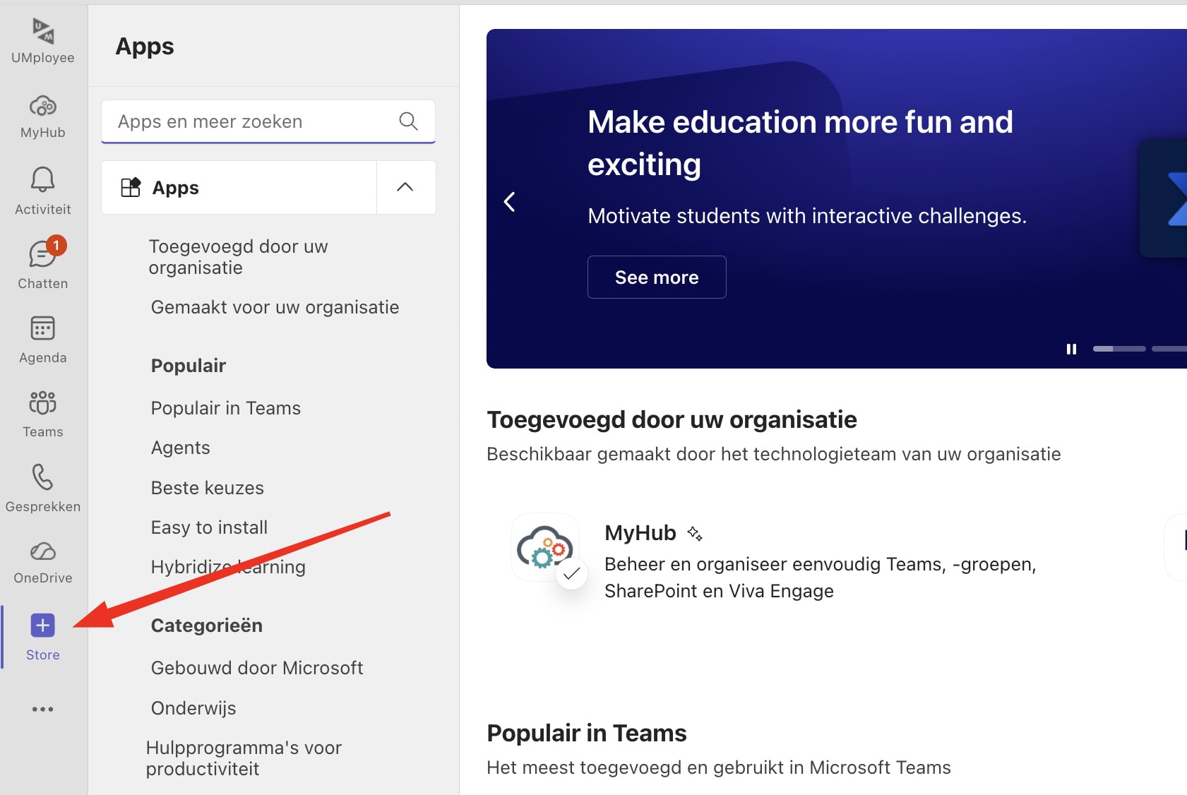 Microsoft Teams store icon maastricht university Printscreen of Teams with a red arrow pointing towards the Store icon in the menu on the left