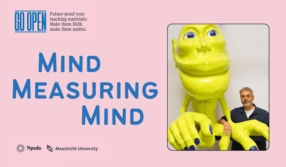 Garmt Dijksterhuis stands beside a bright yellow sensorimotor homunculus: a strange-looking figure whose oversized lips and hands reflect how much brain space is devoted to those sensitive body parts