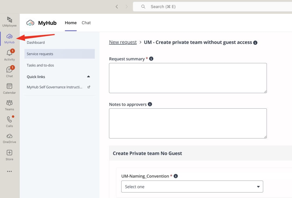 Maastricht University Library Teams FAQ webpage with private team creation form.