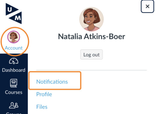 You see a printscreen of the Canvas dashboard. The account icon has an orange circle around it. The notification menu item has an orange square around it.