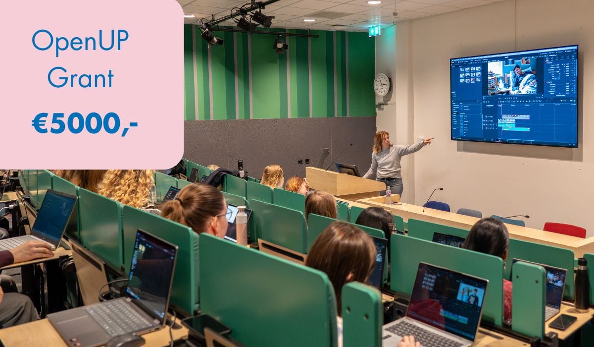a picture of a classroom and a visual element that says you can win an OpenUp grant of €5000