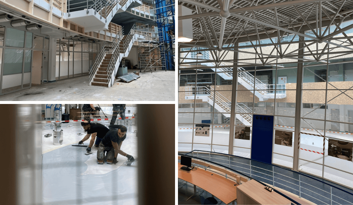 grid of three images showing renovation work at a library