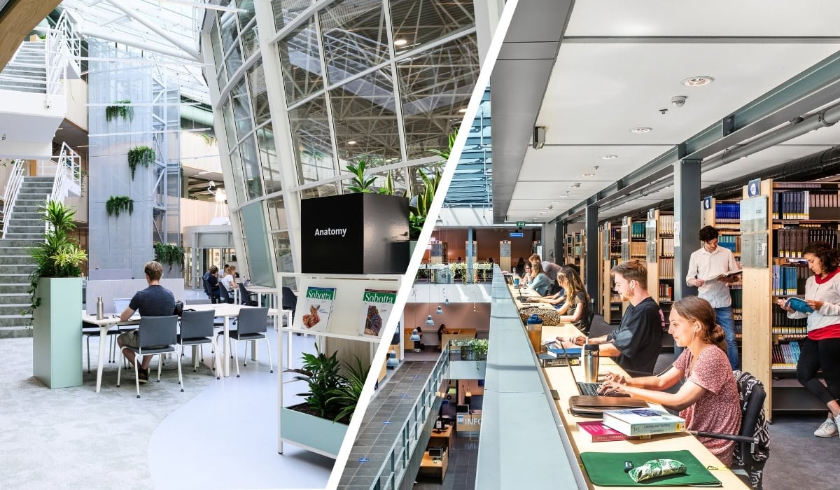 Modern Maastricht University Library with study areas and digital resources.