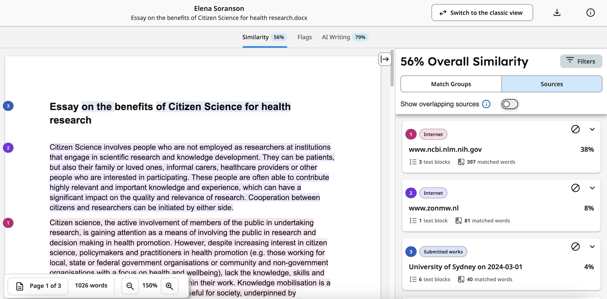 Printscreen of a Turnitin Similarity Report. On the left the student submission is shown with text highlighted and numbers. On the right, the plagiarism and AI score is shown.