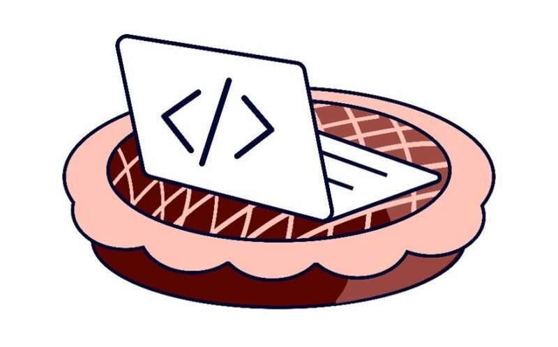 Coding concept with a pie chart and code snippet in a pie dish.