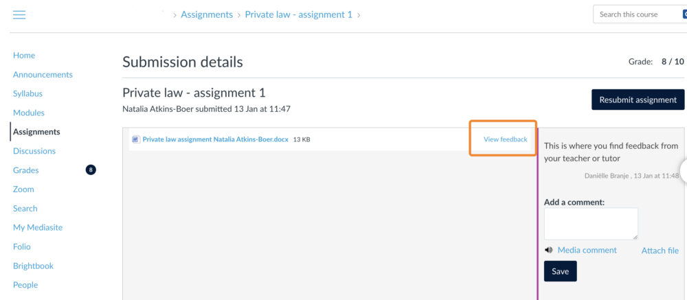 Printscreen of an Assignment in a Canvas course. The View Feedback button in the middle right has an orange square around it.