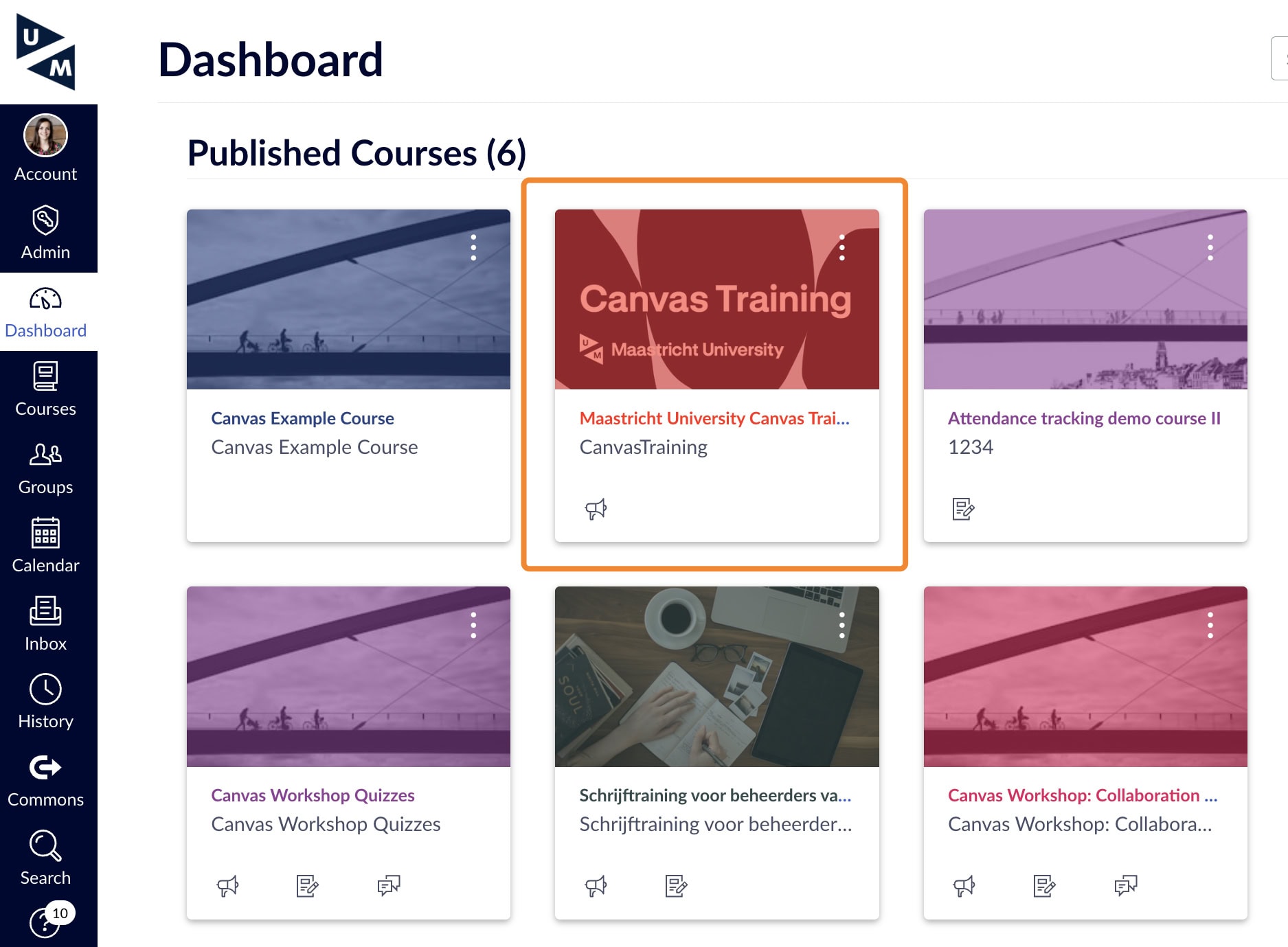A printscreen of the dashboard in Canvas showing that you can find the Canvas training course on your Dashboard. 