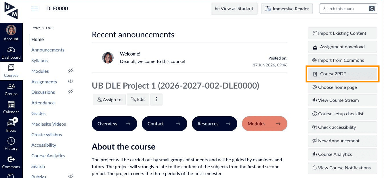 Screenshot of Canvas course with Course2PDF tool highlighted on the right side.